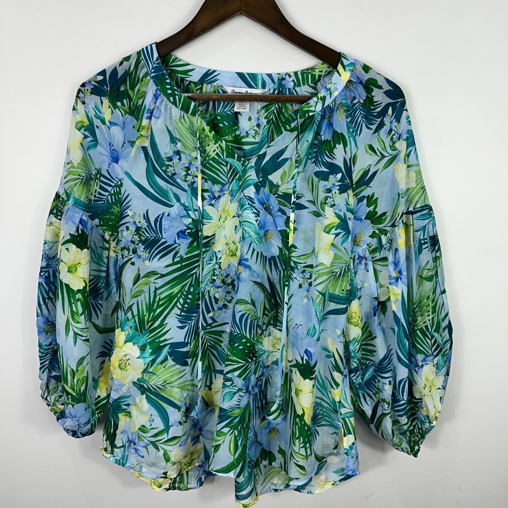Tommy Bahama Floral Top Womens‎ XXS Blue Green Floral Silk Cotton Resort Beach